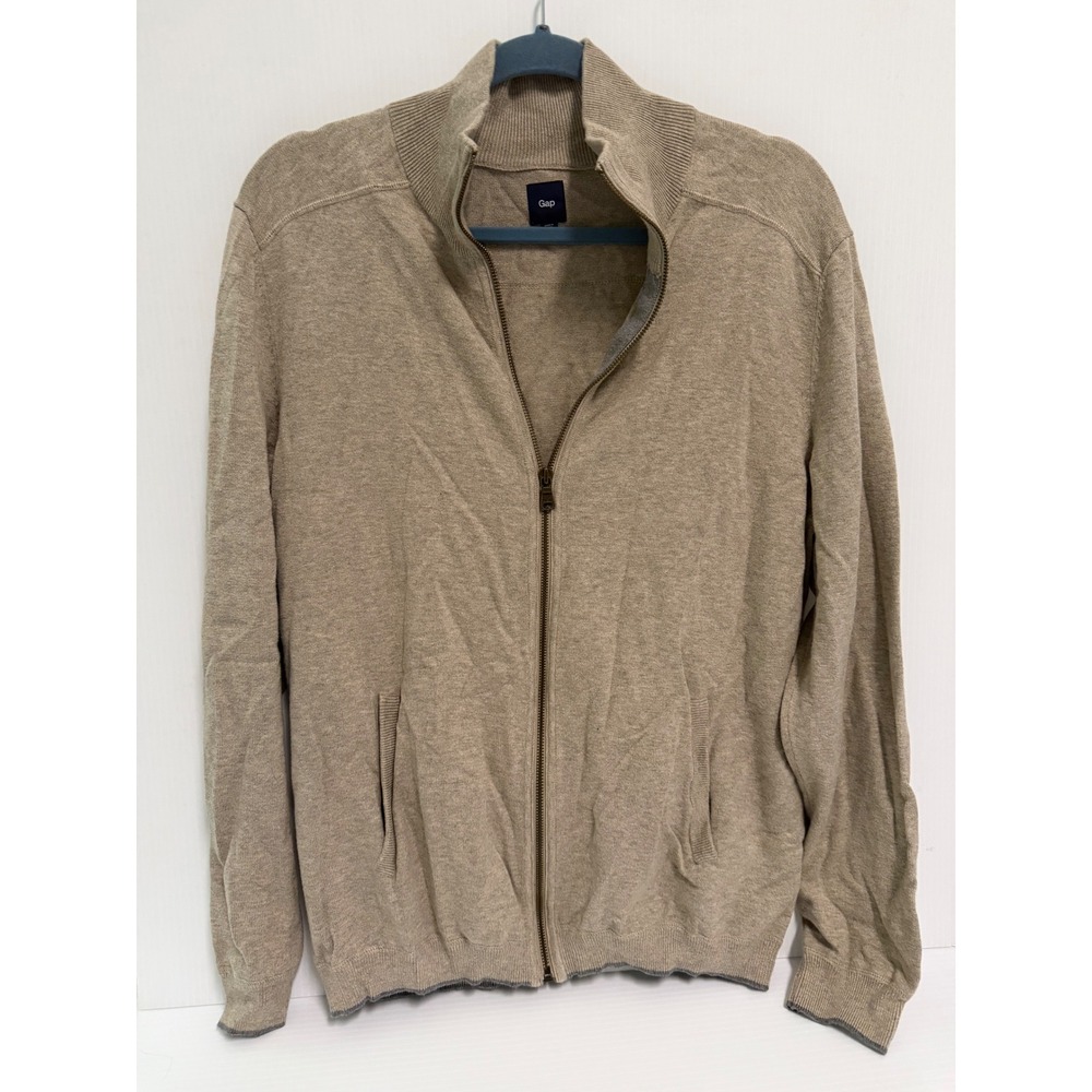 Gap Mens Full Zip Sweater Tan Beige Mock Neck Knit Jacket Pockets Size L